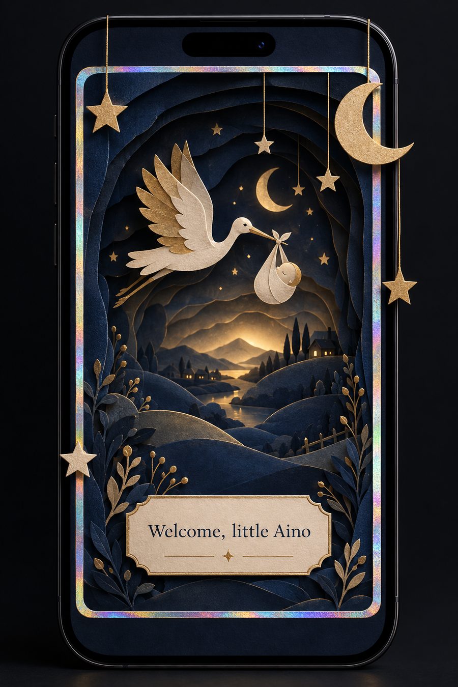 Papercut new-baby card on a phone
