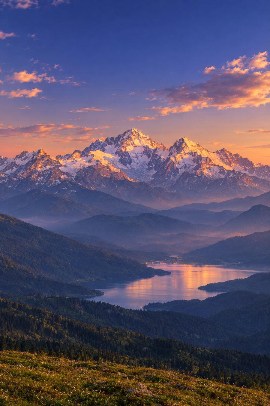 Far mountain range and lake