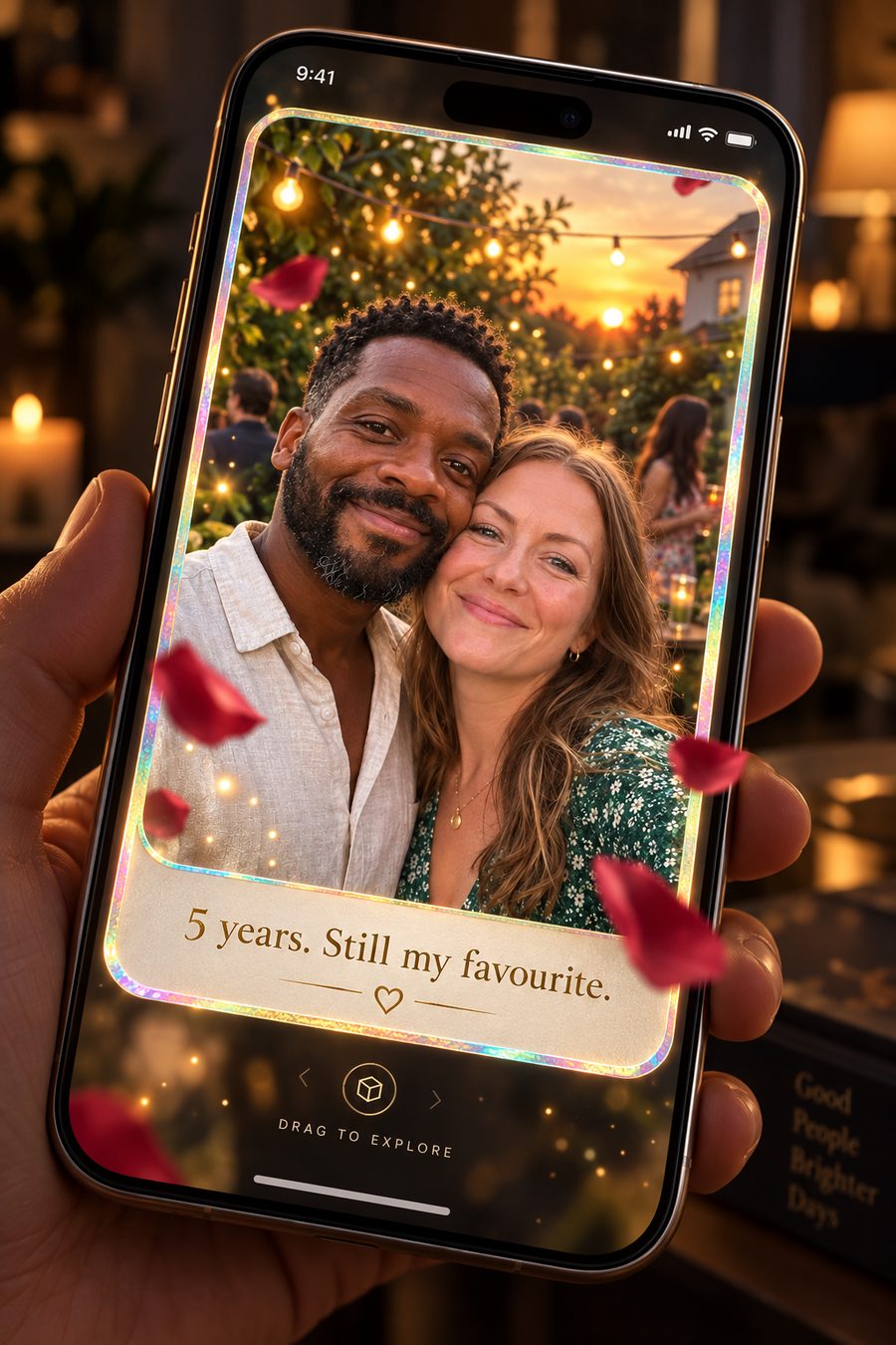 Photoreal card tilted on a phone in a hand