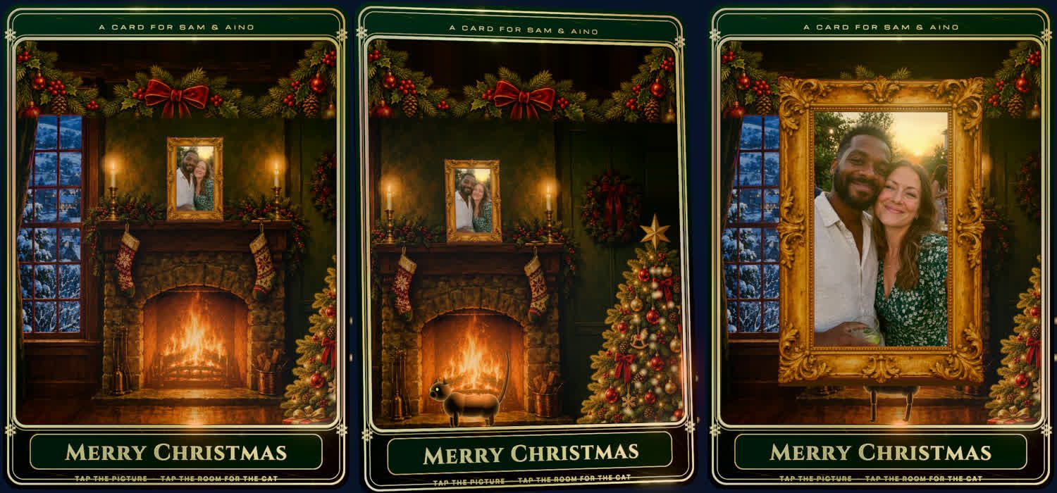Three views of the Christmas card: the room, the cat walking in, and the framed photo brought forward